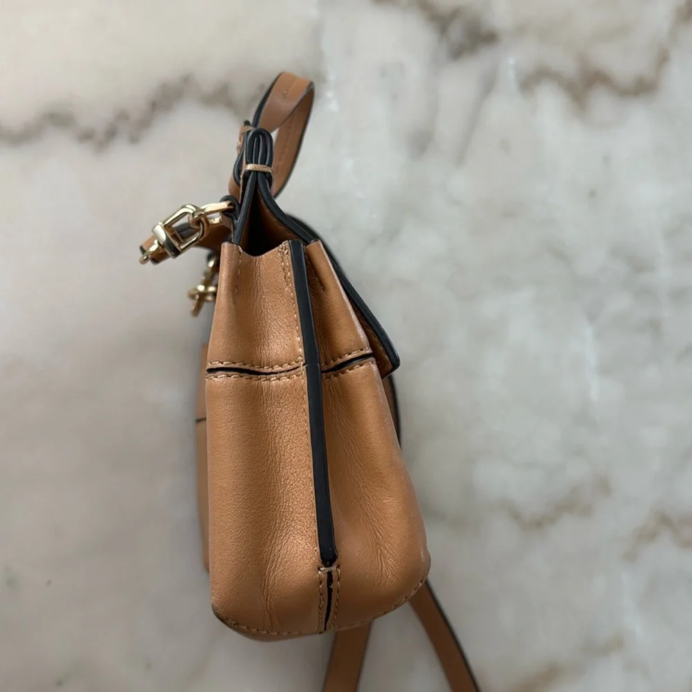 Tory Burch Block T Mini Satchel Bag Light Tan Leather Handbag Top Handle 2 Ways - Picture 9 of 17